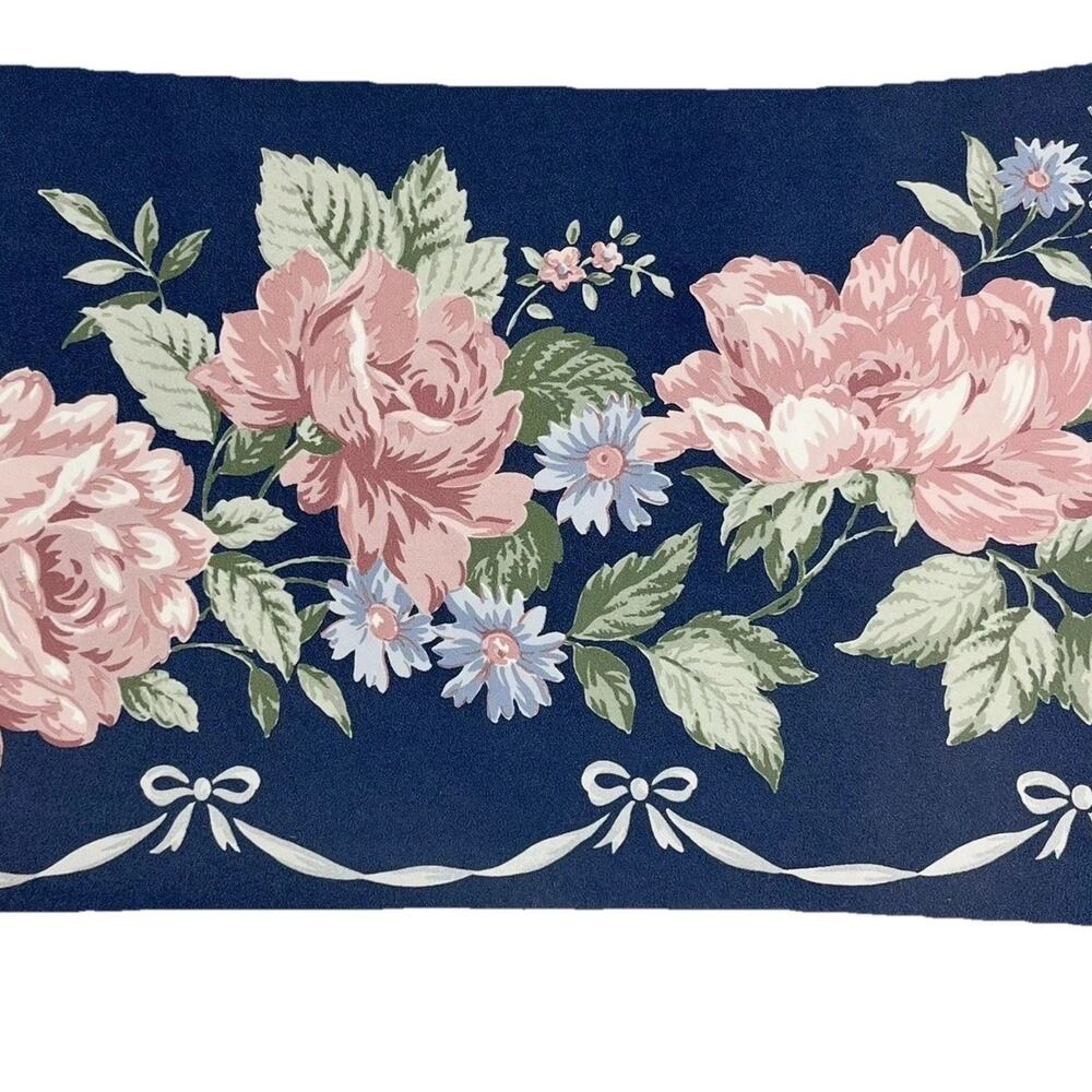 VTG Wallpaper Border Floral Pink Roses Ribbon Swag Navy Background Lot Of 4 NOS